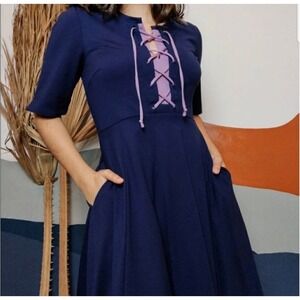 Anthropologie Maeve Navy‎ Blue Dress Purple Lace Up Detail Pocket Size medium M